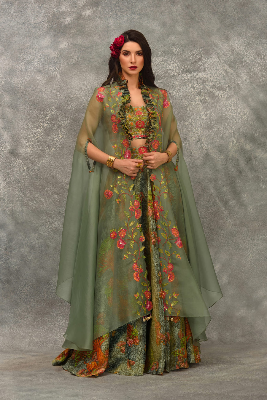 A line Printed skirt with strap blouse and orangnza hand emb Cape