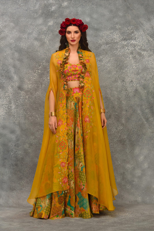 A line Printed skirt with strap blouse and orangnza hand emb Cape
