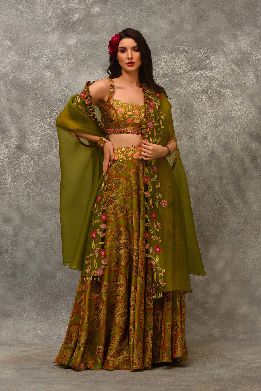 A line Printed skirt with  blouse and orangnza hand emb Cape