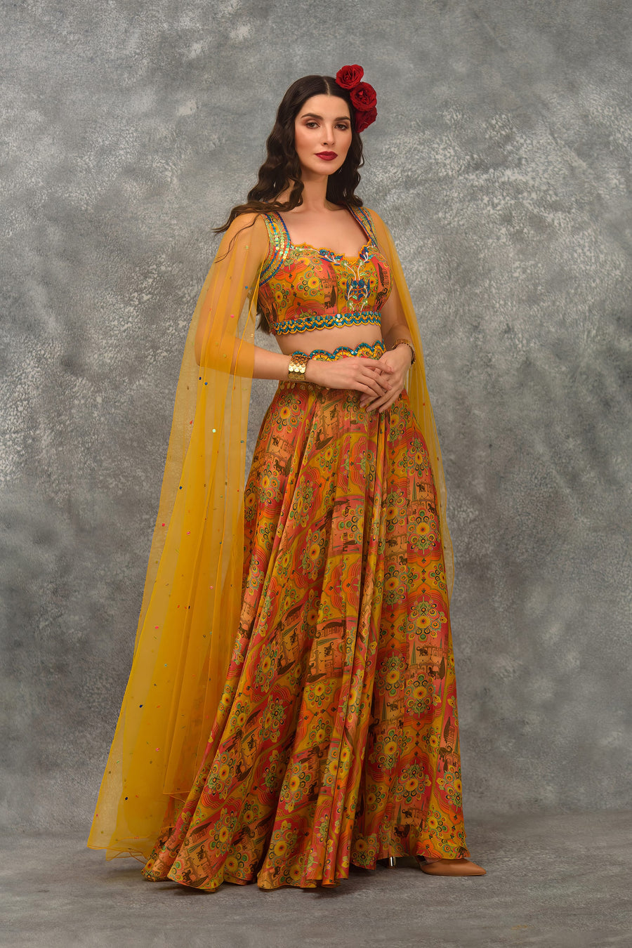 Printed skirt with Blouse and attached Dupatta