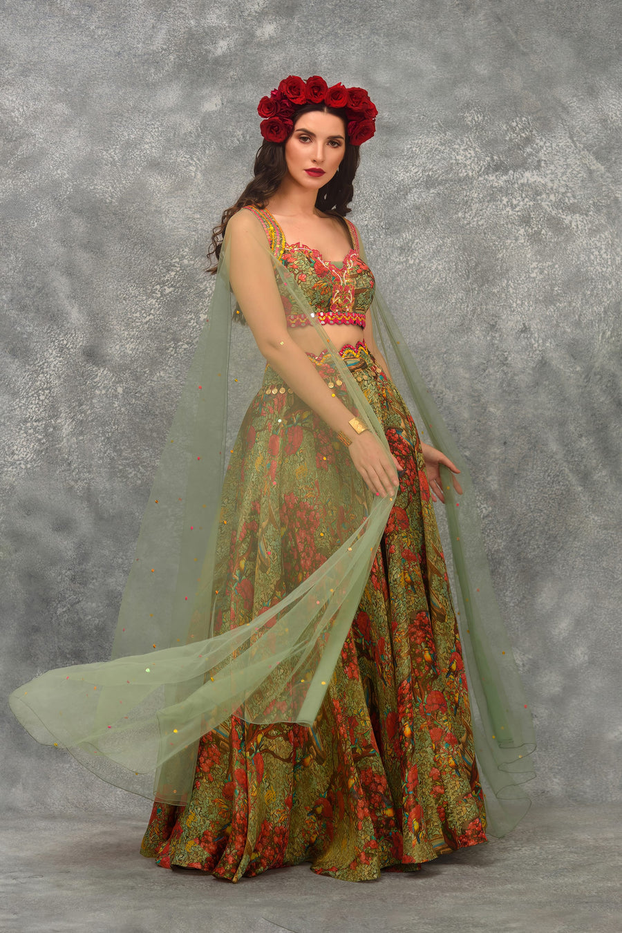 A line Printed skirt with Blouse and attached Dupatta