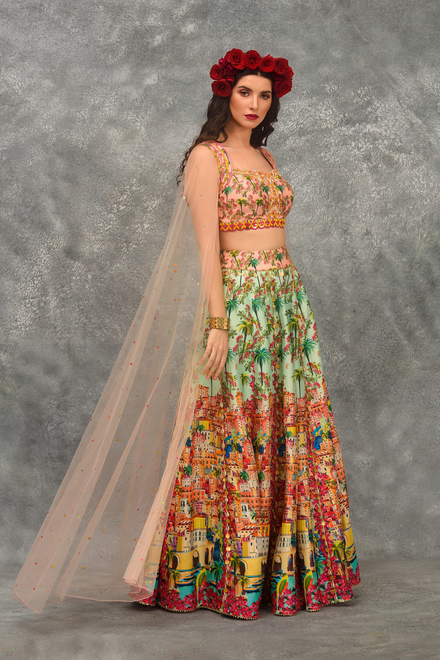 Printed lehenga with blouse and attached dupatta