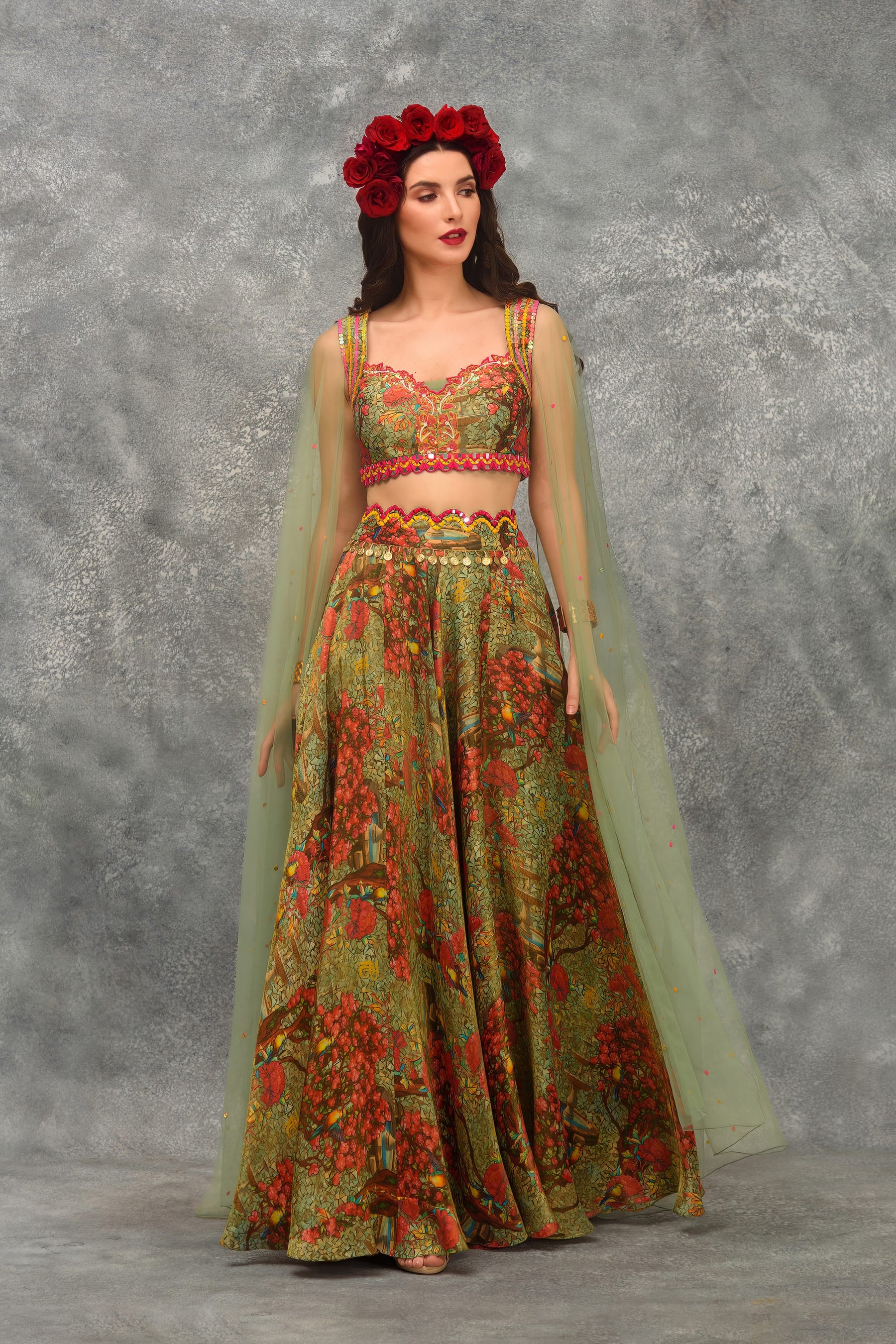 A line Printed skirt with Blouse and attached Dupatta