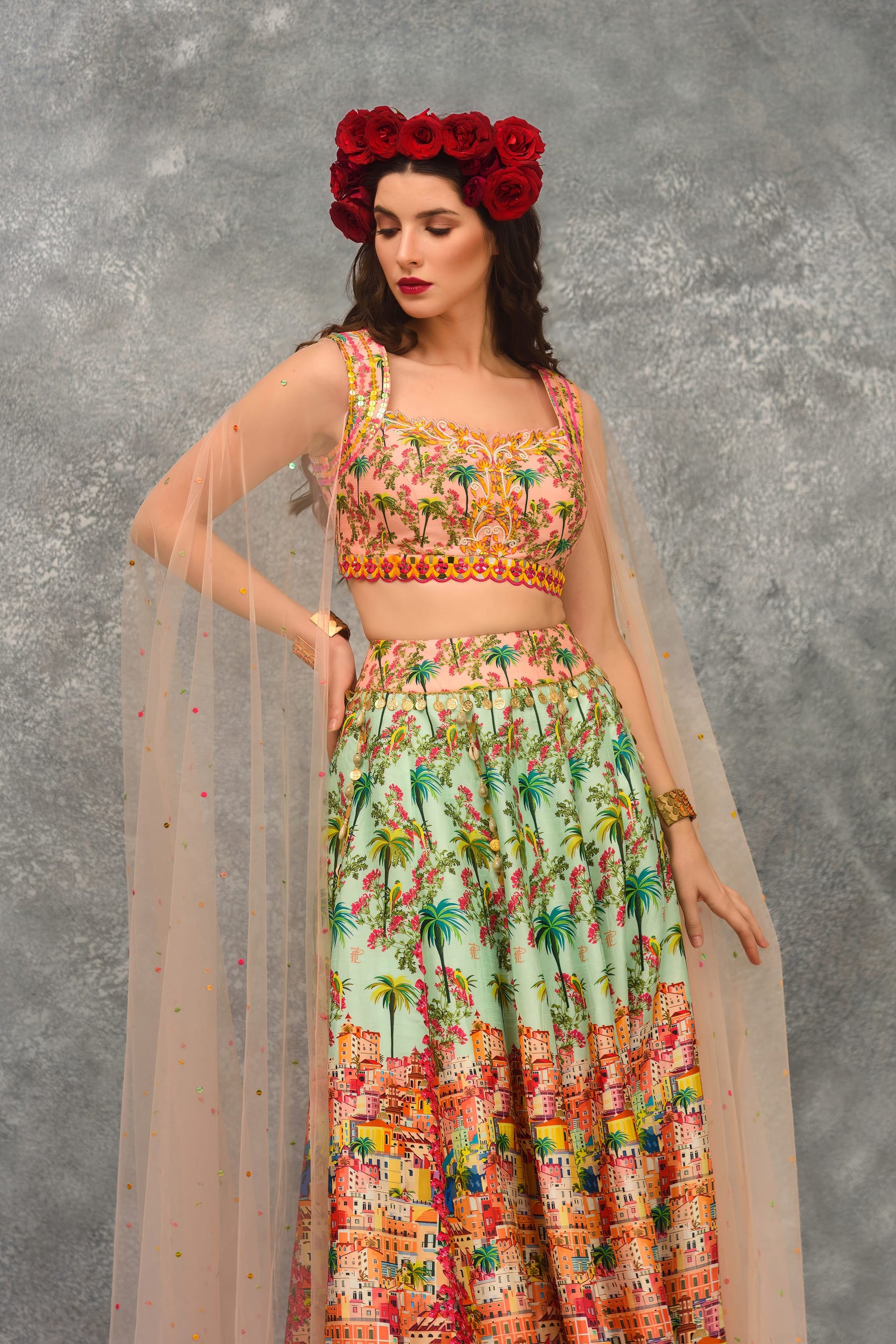 Printed lehenga with blouse and attached dupatta