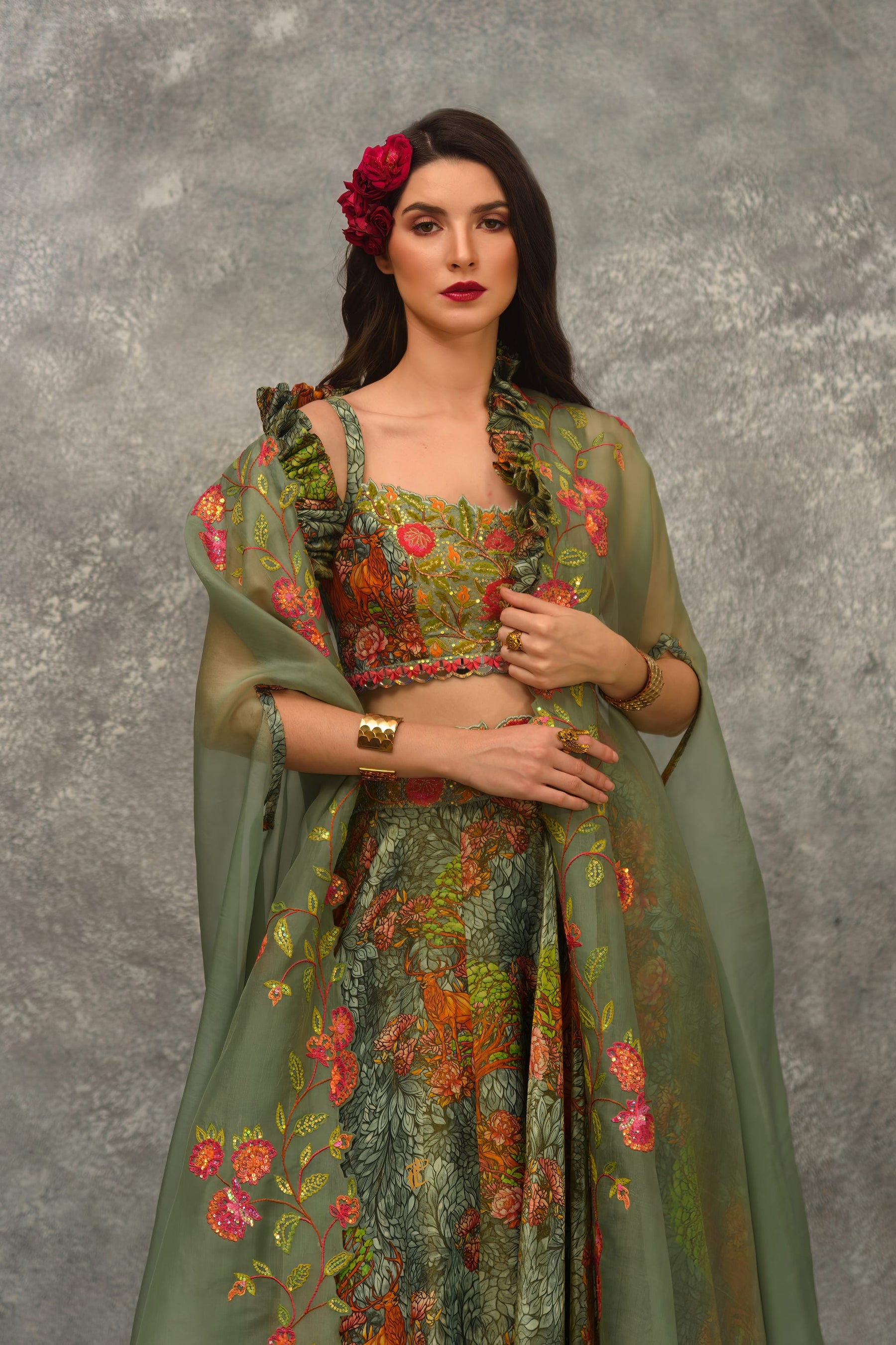 A line Printed skirt with strap blouse and orangnza hand emb Cape