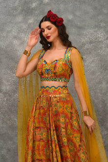 Printed skirt with Blouse and attached Dupatta
