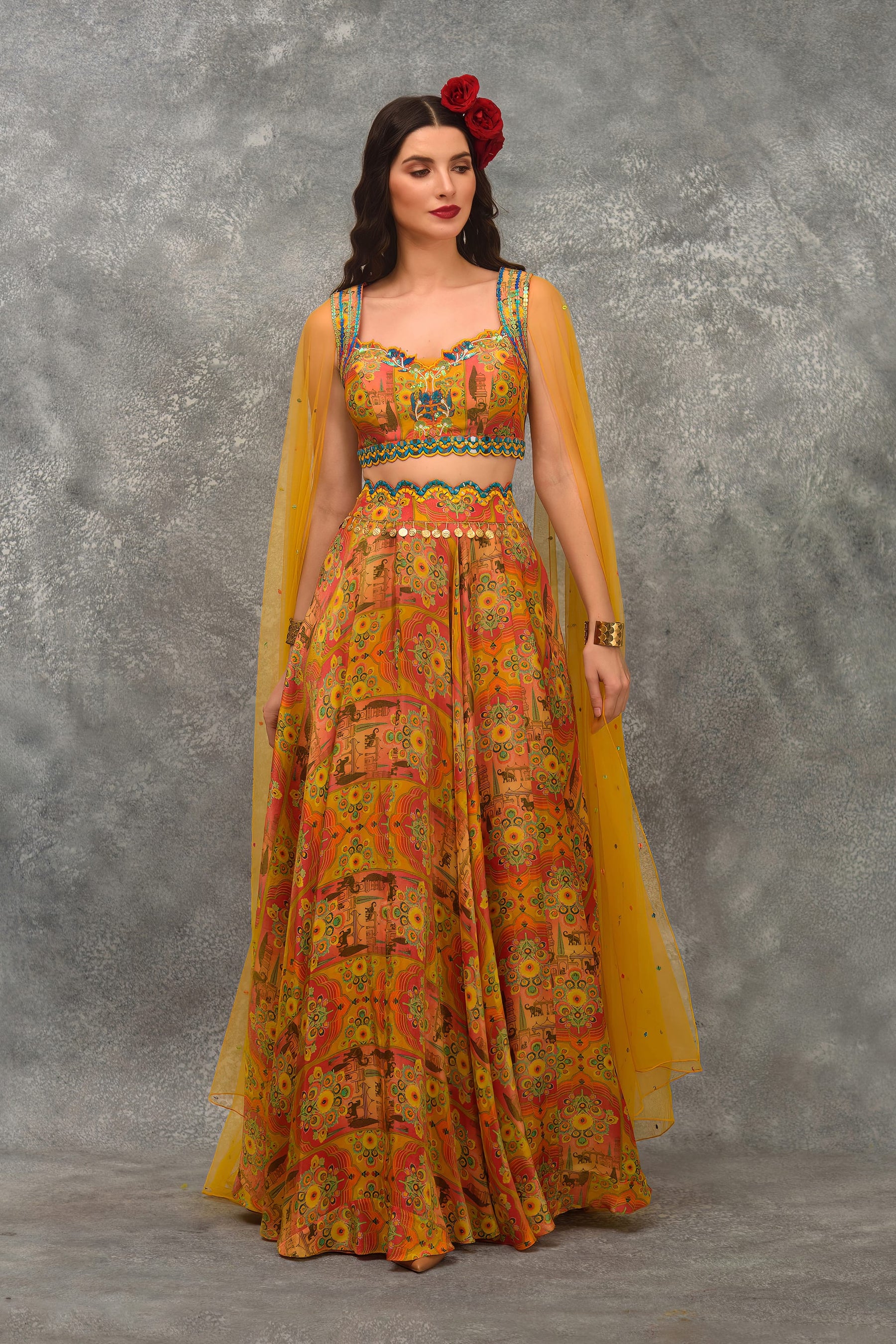 Printed skirt with Blouse and attached Dupatta