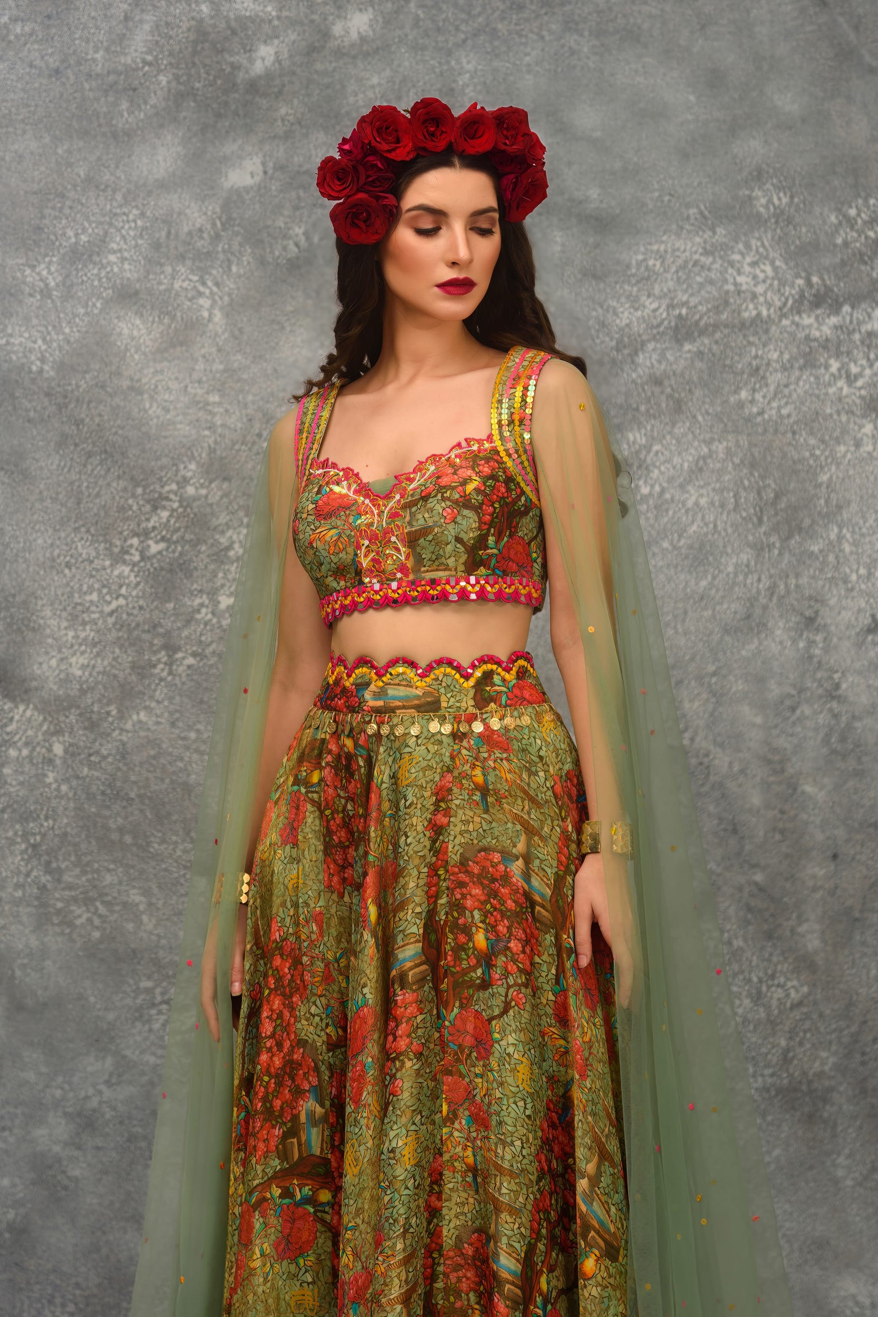 A line Printed skirt with Blouse and attached Dupatta