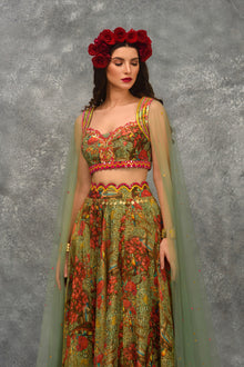 A line Printed skirt with Blouse and attached Dupatta