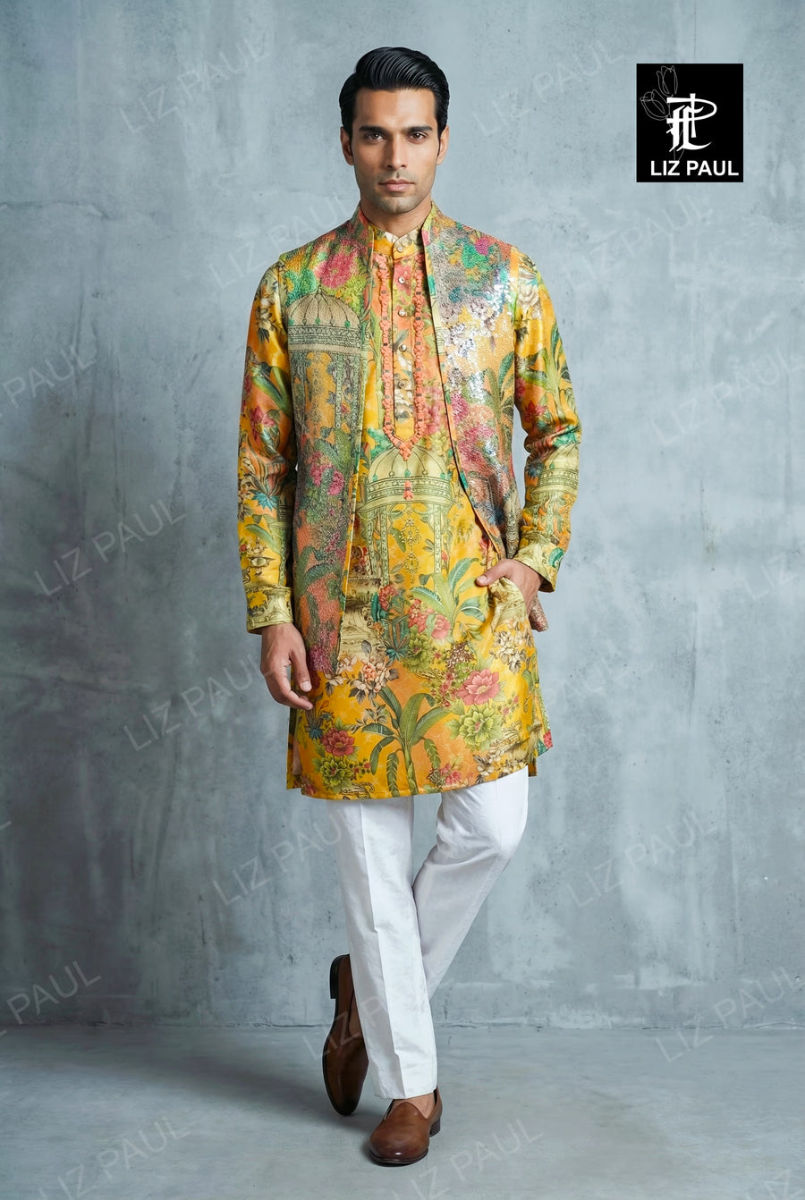 Palm Tree yellow Printed Kurta with mirror  emb - front open seq printed jacket