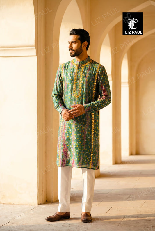 Teal Blue Tie dye Banarsi Kurta with mirror work