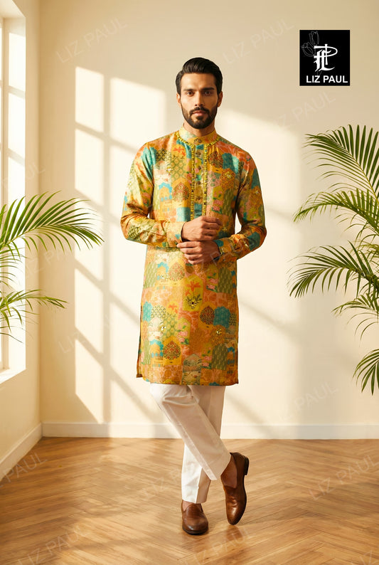 Multicolour Zharokha Printed Kurta with mirror  emb - trouser