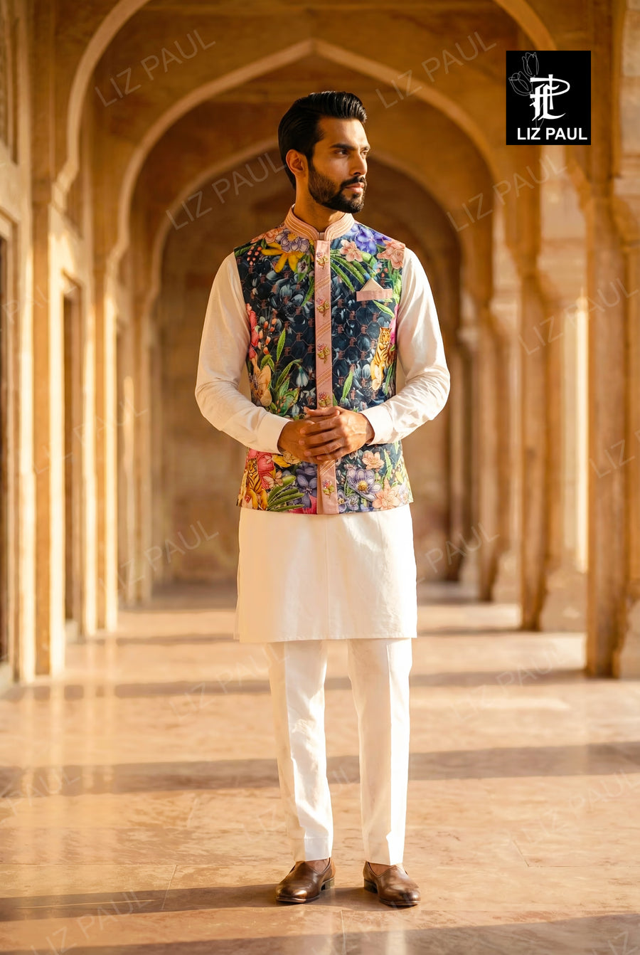 Blue Tiger Print Jacket & Offwhite Kurta Trouser