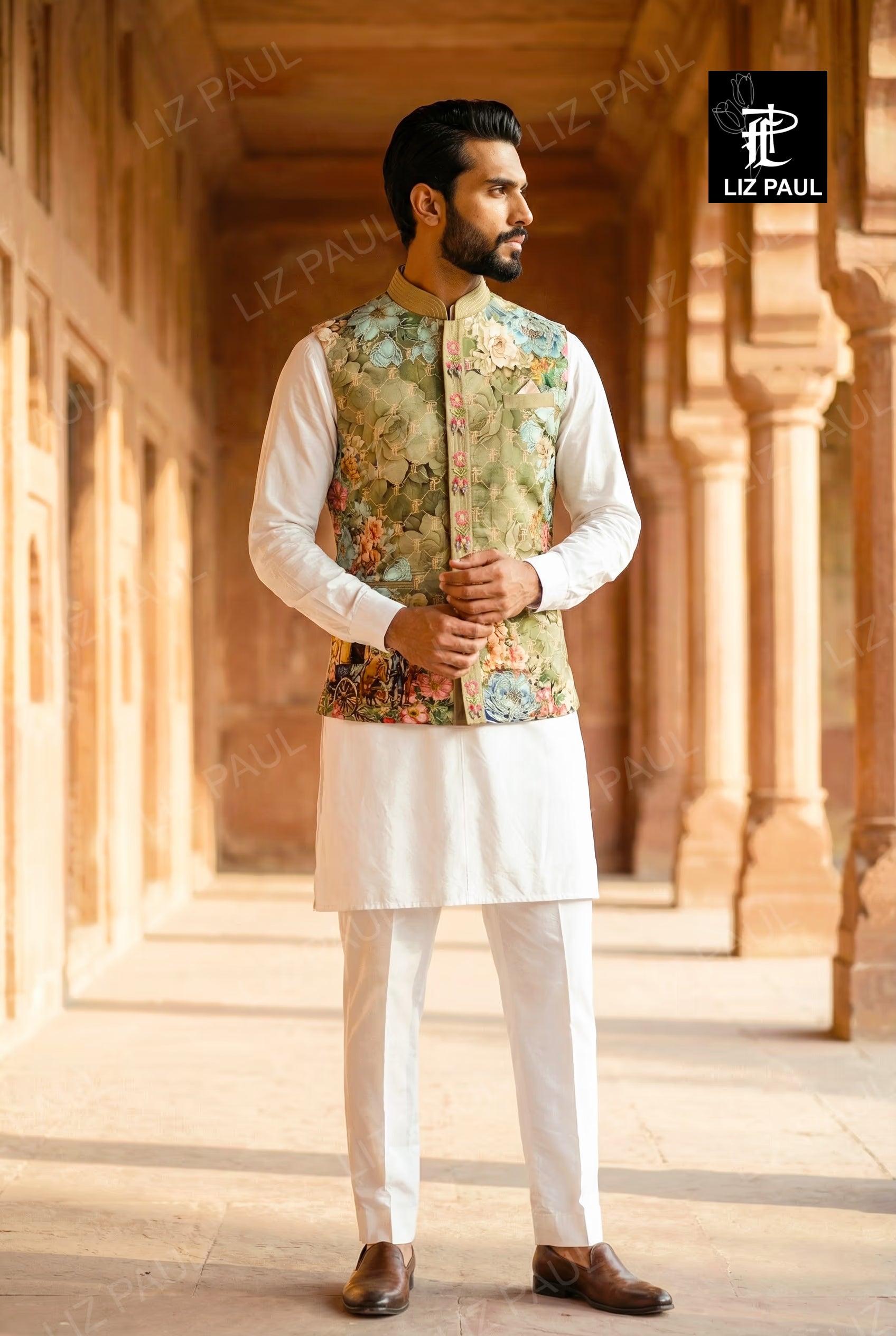 Sky Blue Garden  Peacock Print Jacket and Off white Kurta  Trouser