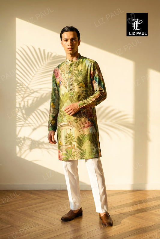Green Peacock Plam Printed kurta with mirror emb- Trouser