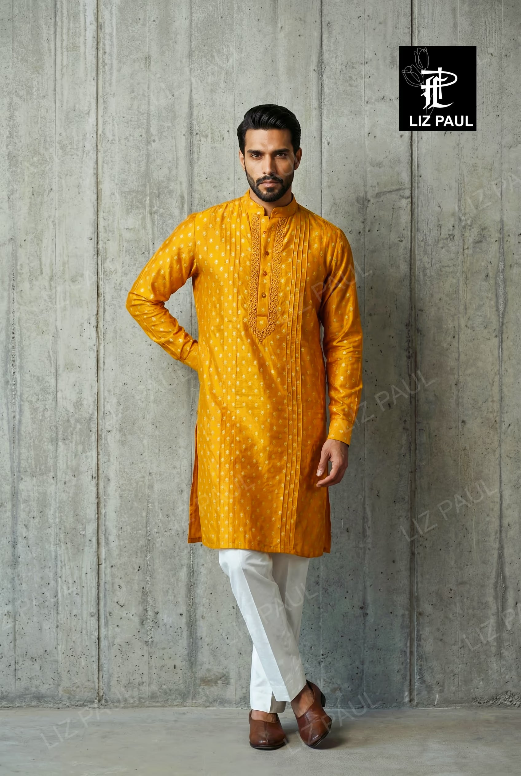 Yellow Silk Banarsi Kurta with Bead Emb with Trouser