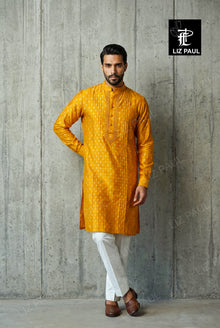 Yellow Silk Banarsi Kurta with Bead Emb with Trouser