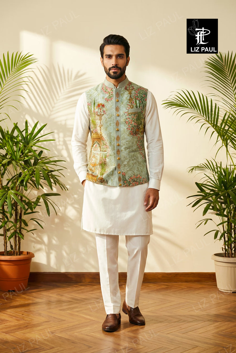 Powder Blue elephant Print Jacket and Offwhite Kurta Trouser
