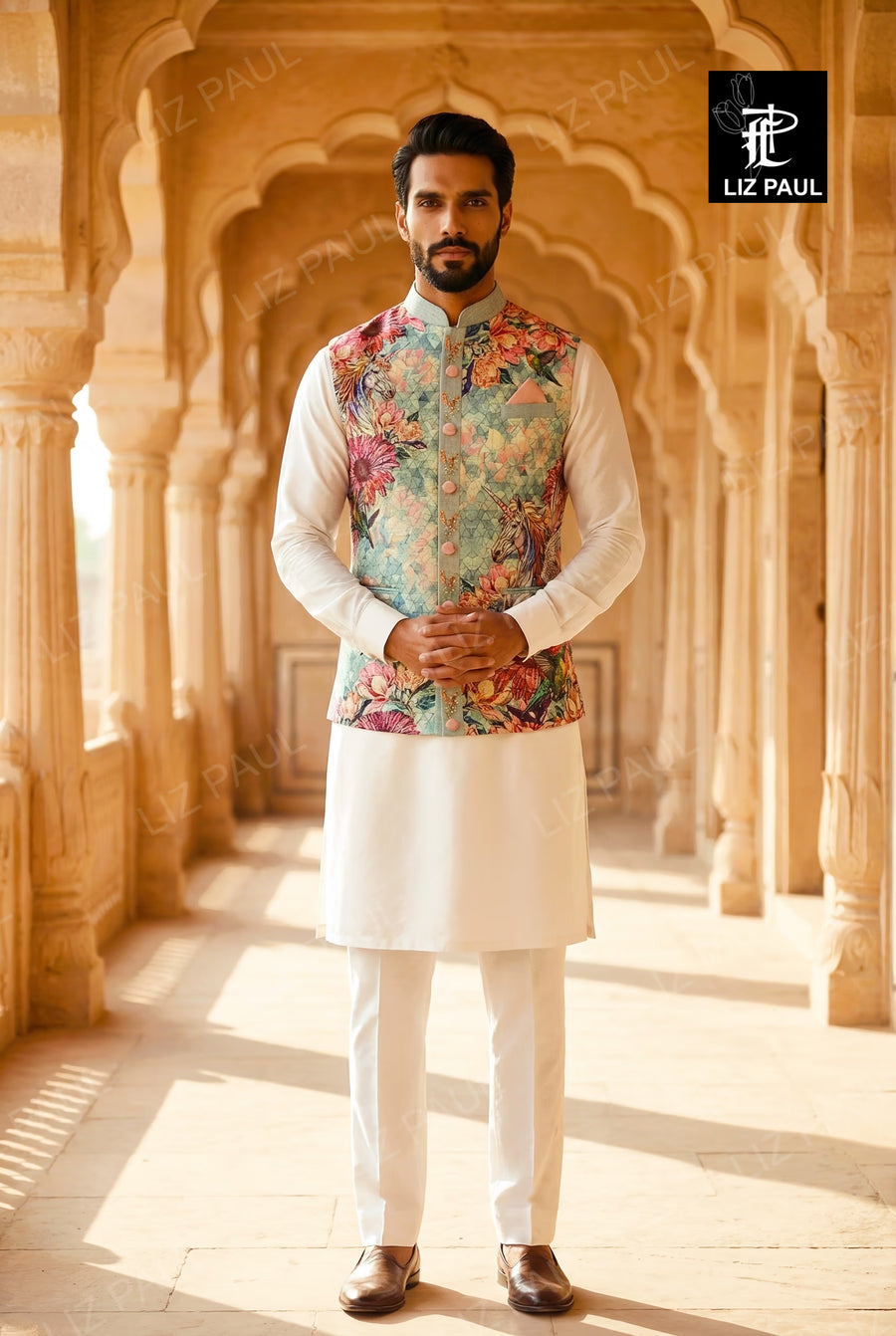 Stain Glass Unicorn Print Jacket and Off white Kurta Trouser