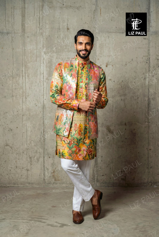 Orangish Gazeebo Printed Kurta with mirror emb - front open seq printed Jacket