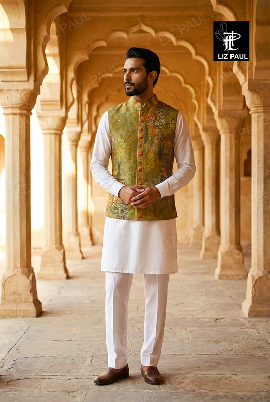 Chita Print Mehndi Green Jacket with off white Kurta Trouser