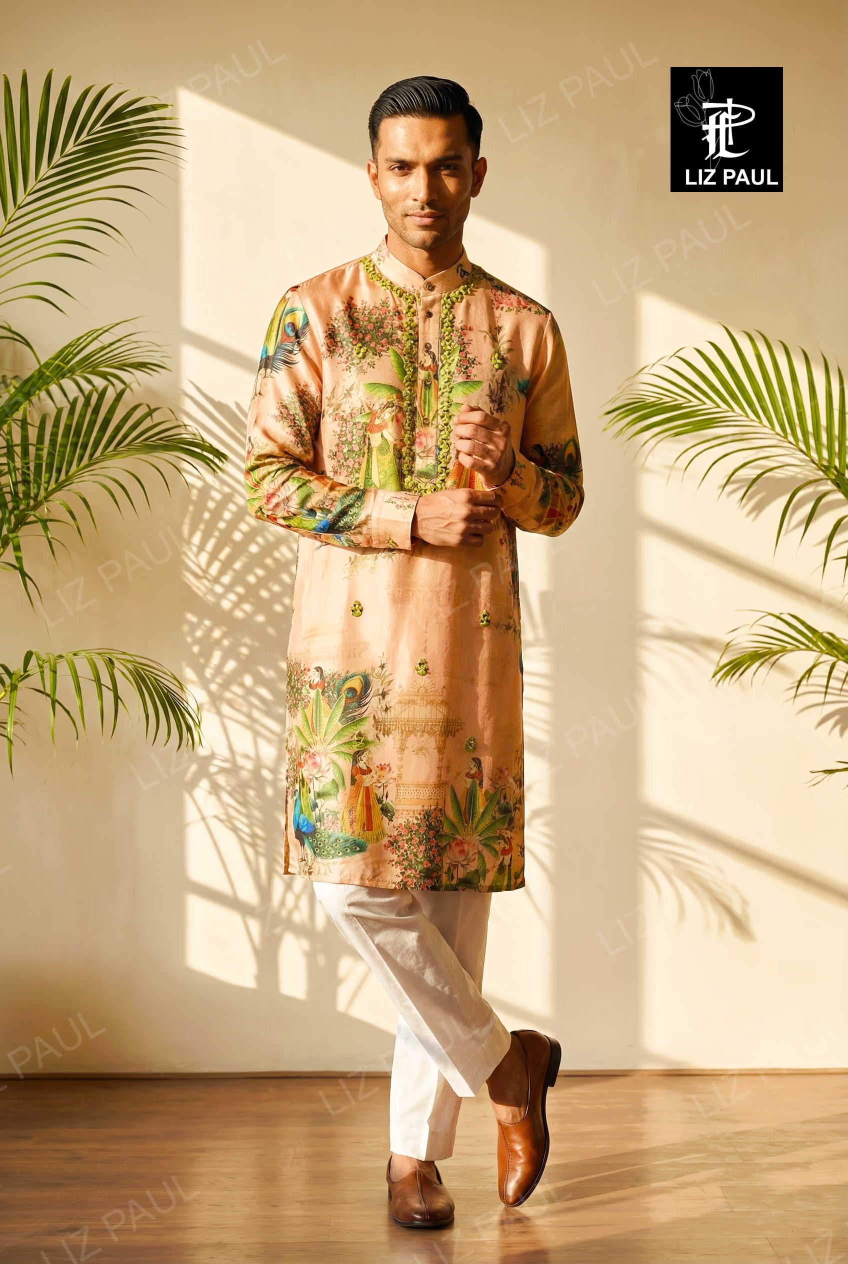 Light Peach Peacock - Feather Printed Kurta with mirror emb -trouser