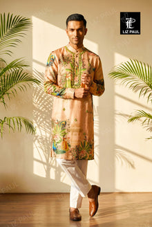Light Peach Peacock - Feather Printed Kurta with mirror emb -trouser