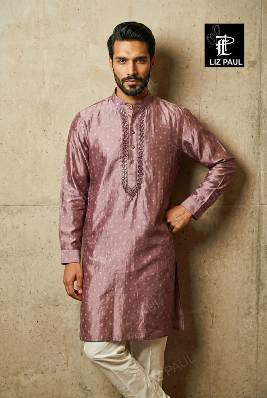 Mauve Silk Kurta with Mirror & Resham Emb Trouser Set